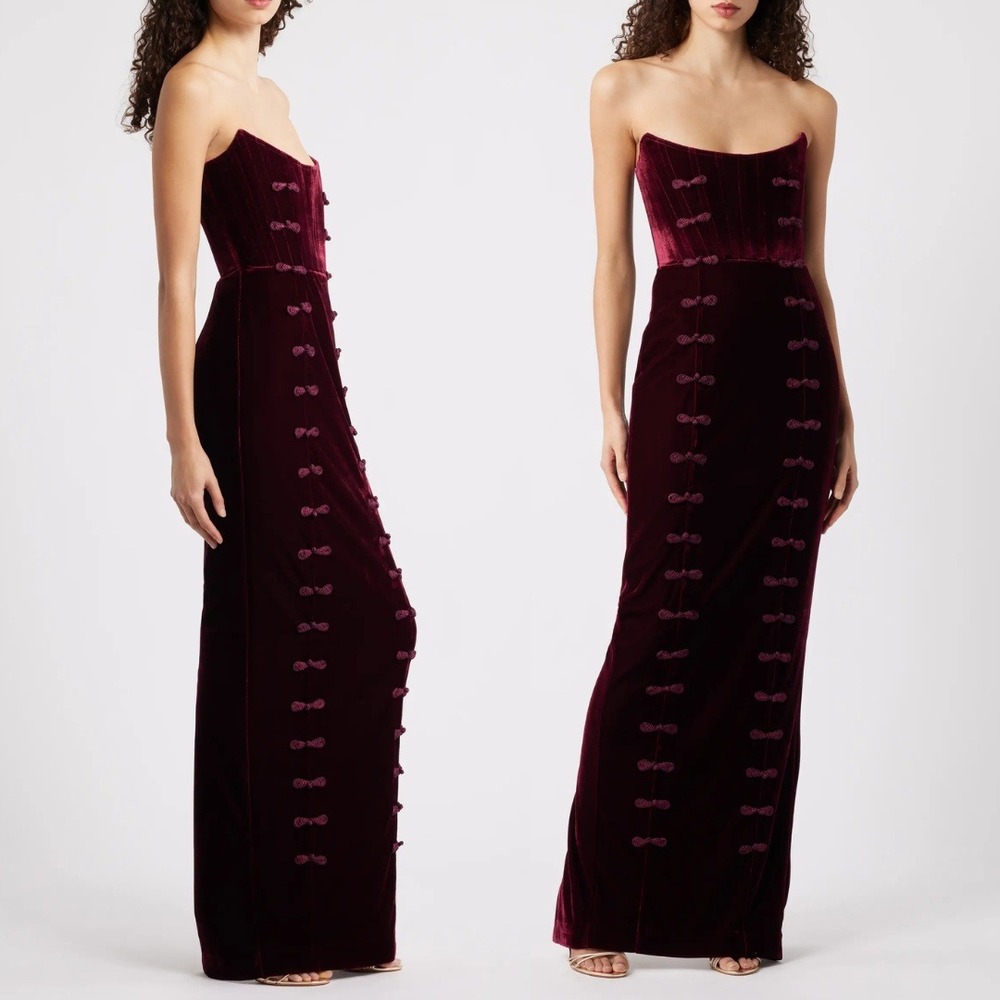 SAU LEE Dress Vesper Strapless Red Velvet Frog Knot Maxi Gown Wine Red Size 10
